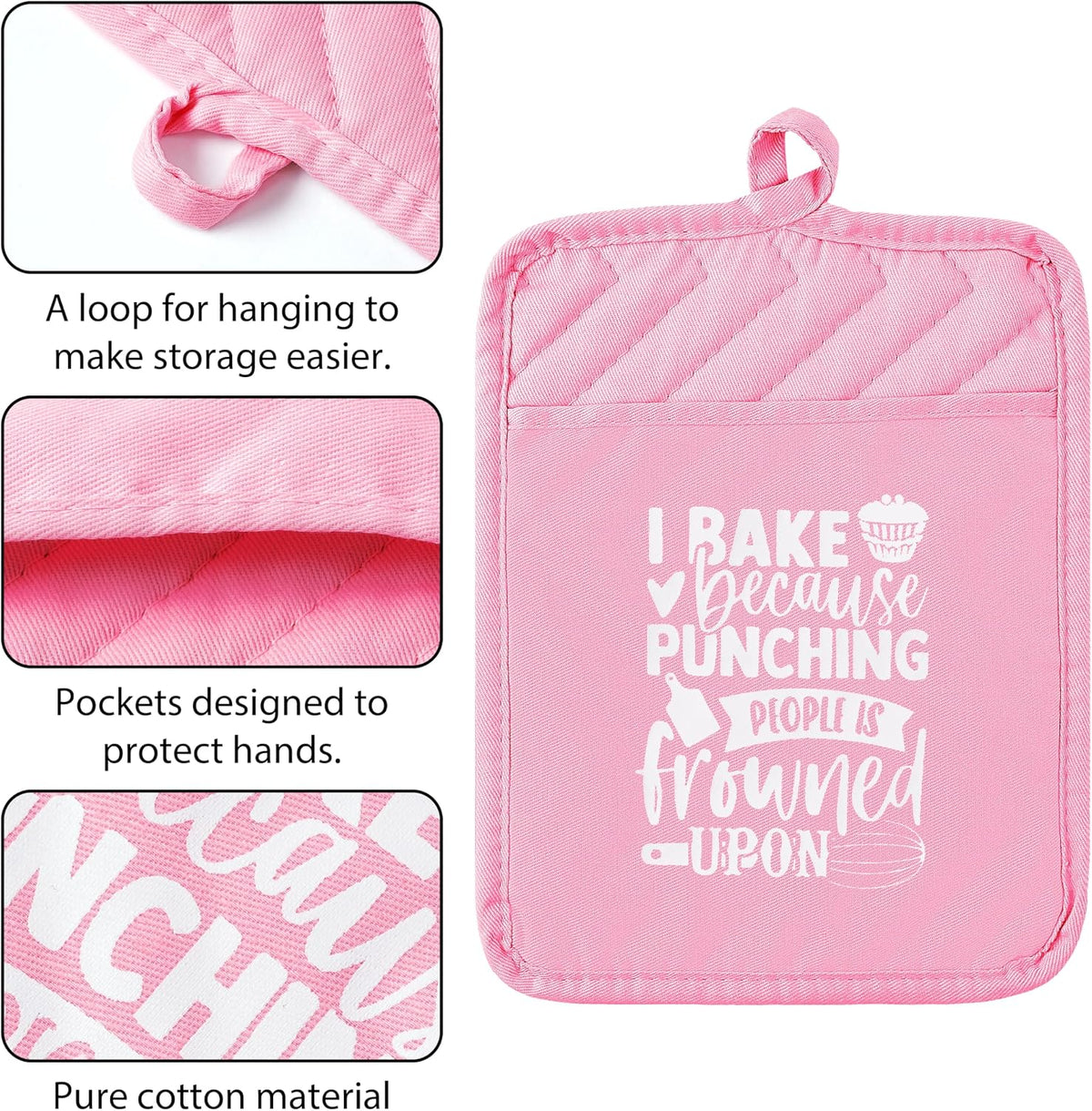 6Pcs Cotton Oven Mitts Pot Holders Funny Women Resistant Hot Pads Machine Washable Microwave Gloves with Hanging Loop Pocket Potholder for Kitchen Baking Cooking GrillingPink