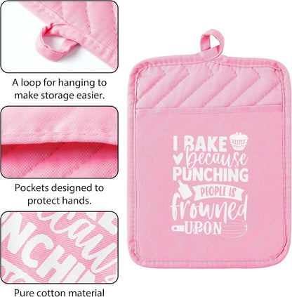 6Pcs Cotton Oven Mitts Pot Holders Funny Women Resistant Hot Pads Machine Washable Microwave Gloves with Hanging Loop Pocket Potholder for Kitchen Baking Cooking GrillingPink