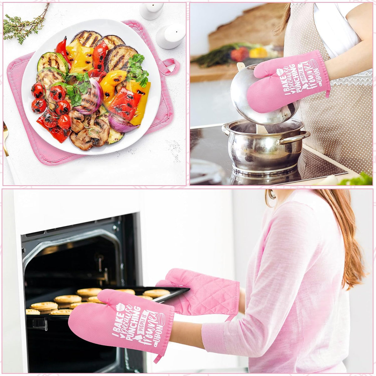 6Pcs Cotton Oven Mitts Pot Holders Funny Women Resistant Hot Pads Machine Washable Microwave Gloves with Hanging Loop Pocket Potholder for Kitchen Baking Cooking GrillingPink