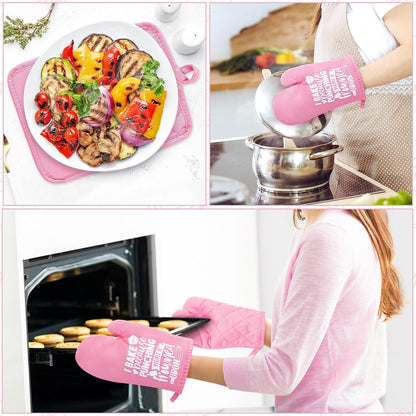 6Pcs Cotton Oven Mitts Pot Holders Funny Women Resistant Hot Pads Machine Washable Microwave Gloves with Hanging Loop Pocket Potholder for Kitchen Baking Cooking GrillingPink