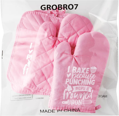 6Pcs Cotton Oven Mitts Pot Holders Funny Women Resistant Hot Pads Machine Washable Microwave Gloves with Hanging Loop Pocket Potholder for Kitchen Baking Cooking GrillingPink