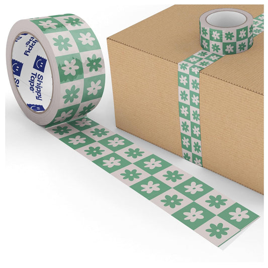 Checkered Flower Pattern Packing Tape - Cool Decorative Cute Designer Printed Packaging and Shipping Tape - Green Cream Retro Floral, 1.88" x 110 Yards (330 feet)