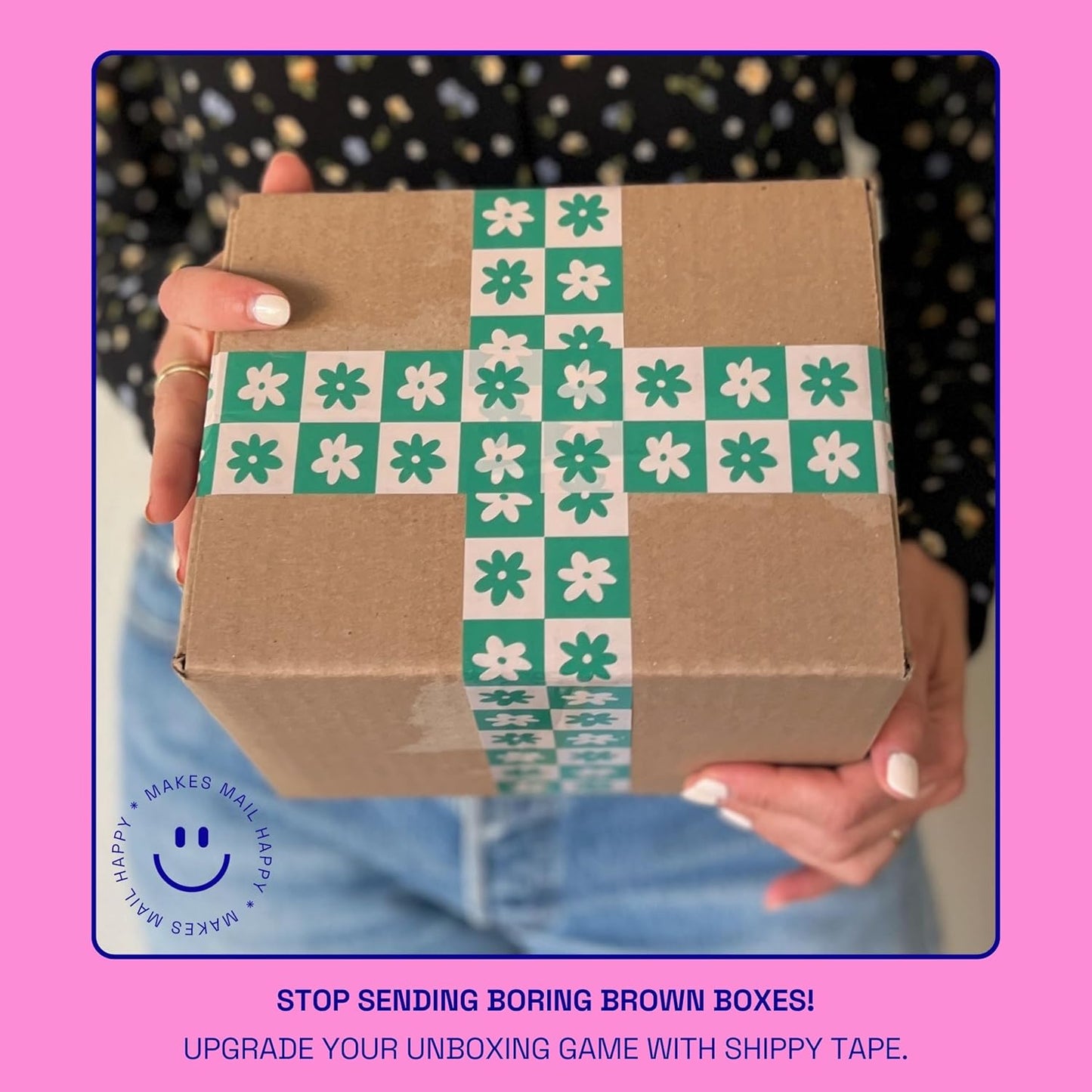Checkered Flower Pattern Packing Tape - Cool Decorative Cute Designer Printed Packaging and Shipping Tape - Green Cream Retro Floral, 1.88" x 110 Yards (330 feet)