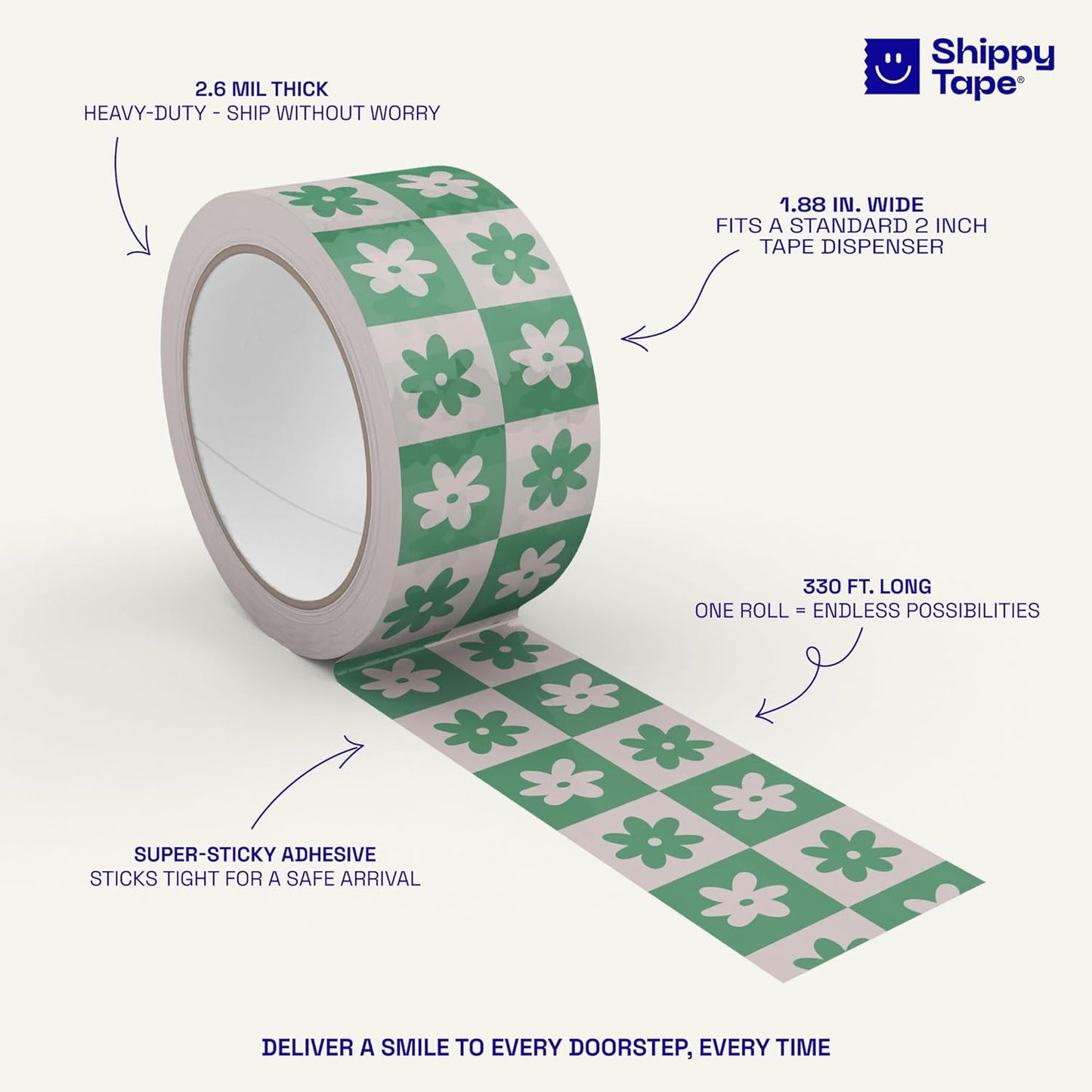 Checkered Flower Pattern Packing Tape - Cool Decorative Cute Designer Printed Packaging and Shipping Tape - Green Cream Retro Floral, 1.88" x 110 Yards (330 feet)