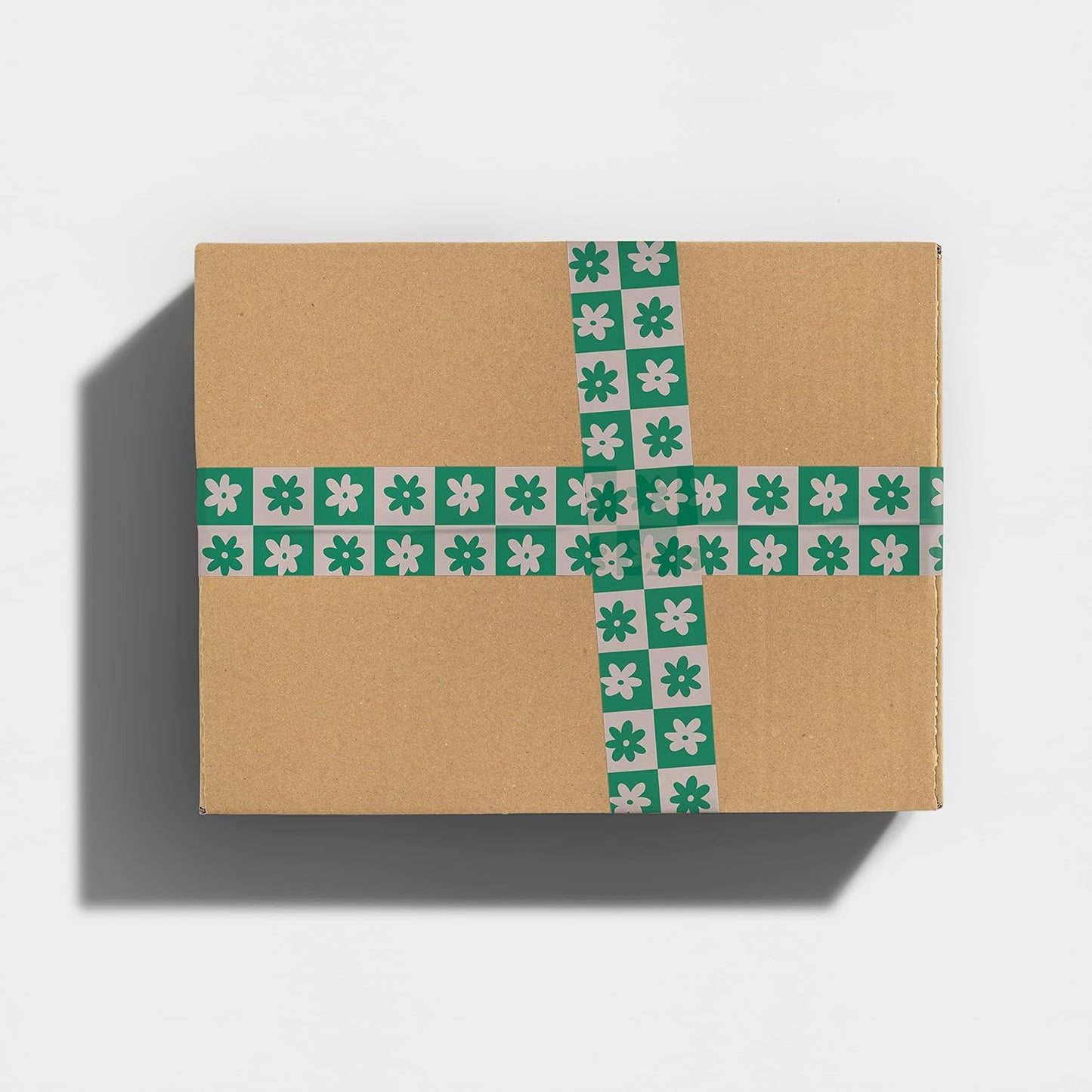 Checkered Flower Pattern Packing Tape - Cool Decorative Cute Designer Printed Packaging and Shipping Tape - Green Cream Retro Floral, 1.88" x 110 Yards (330 feet)