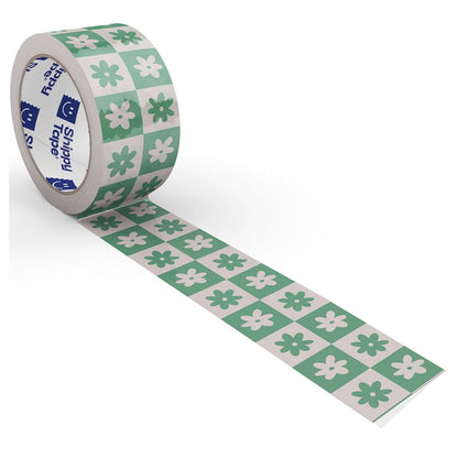 Checkered Flower Pattern Packing Tape - Cool Decorative Cute Designer Printed Packaging and Shipping Tape - Green Cream Retro Floral, 1.88" x 110 Yards (330 feet)