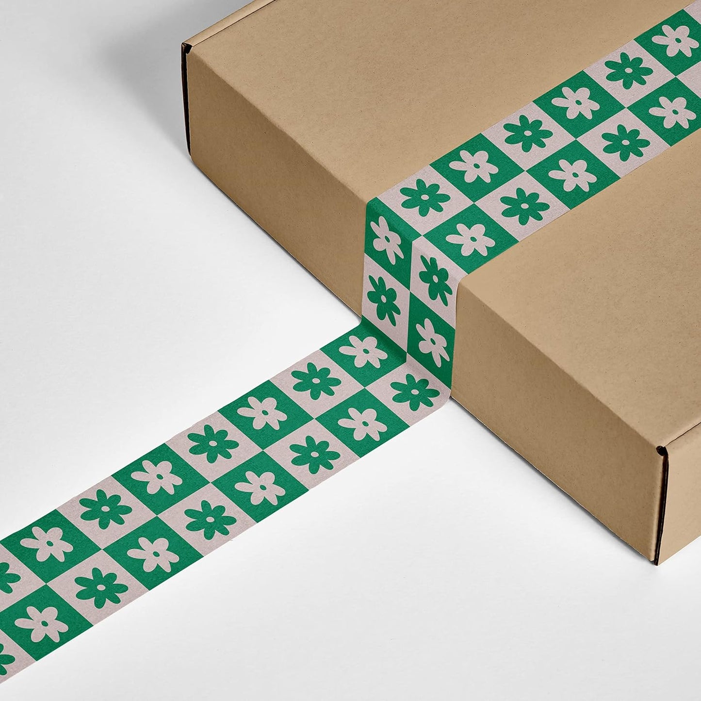Checkered Flower Pattern Packing Tape - Cool Decorative Cute Designer Printed Packaging and Shipping Tape - Green Cream Retro Floral, 1.88" x 110 Yards (330 feet)