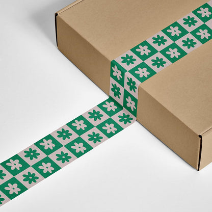 Checkered Flower Pattern Packing Tape - Cool Decorative Cute Designer Printed Packaging and Shipping Tape - Green Cream Retro Floral, 1.88" x 110 Yards (330 feet)
