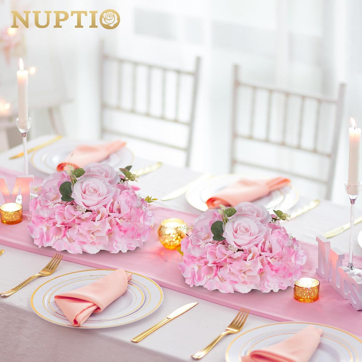 Pink Flower Centerpieces for Tables: 2 Pcs Artificial Rose Ball