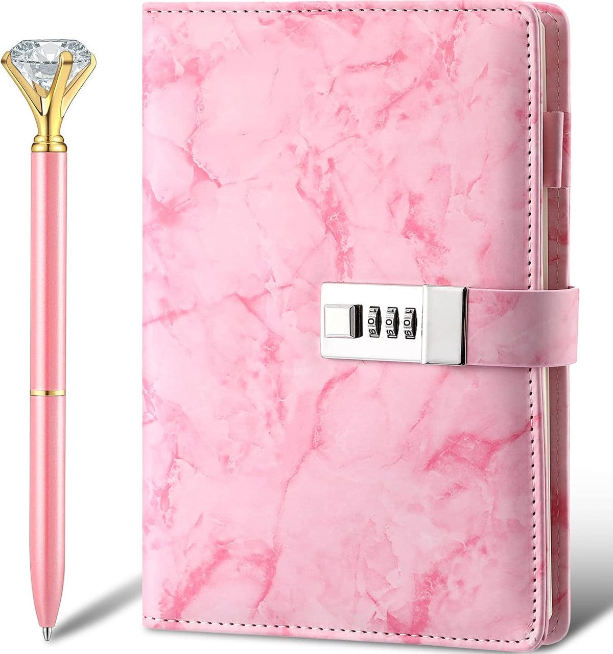1 Pcs Diary with Lock and Diamond Pen, A5 Marble PU Leather, Pink