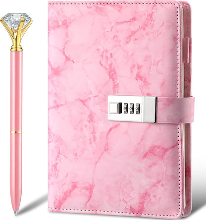 1 Pcs Diary with Lock and Diamond Pen, A5 Marble PU Leather, Pink