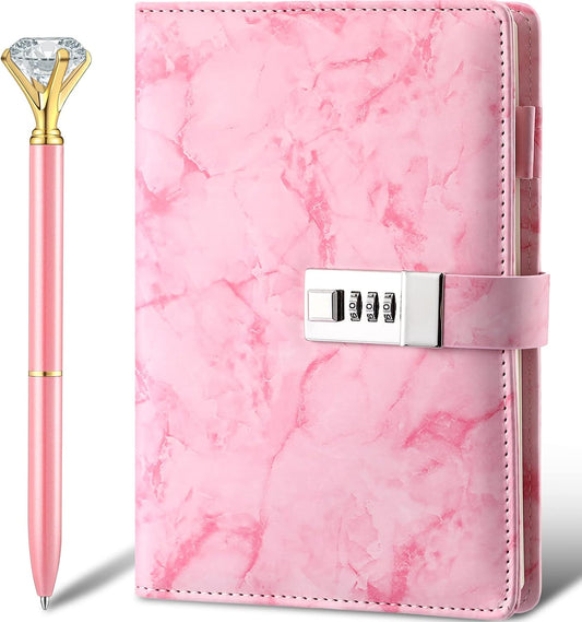 1 Pcs Diary with Lock and Diamond Pen, A5 Marble PU Leather, Pink