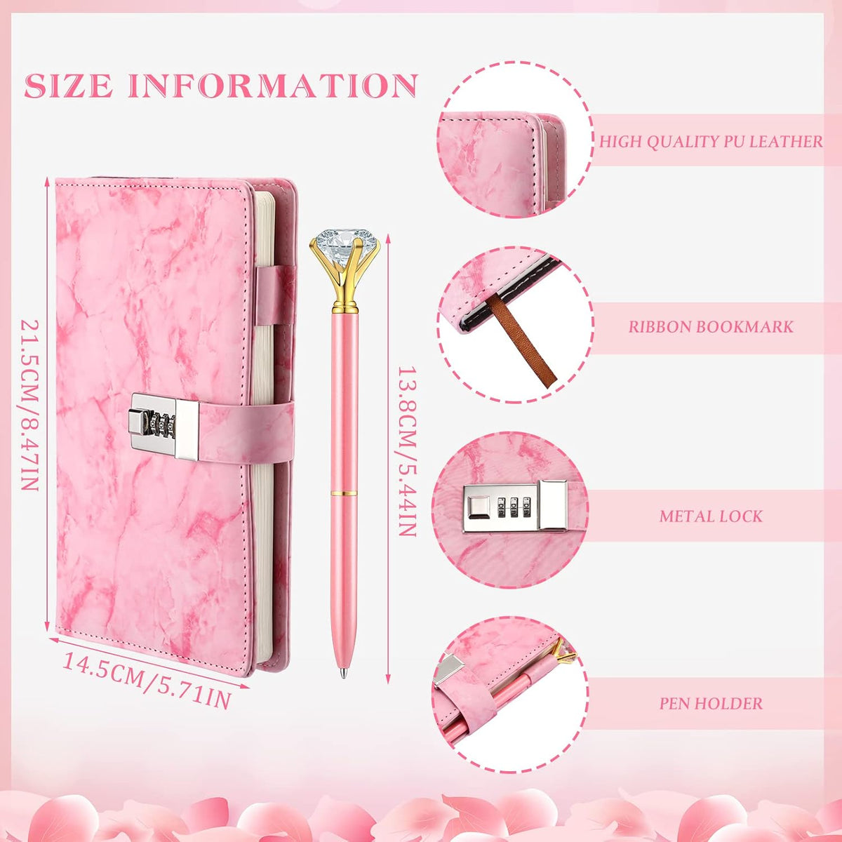 1 Pcs Diary with Lock and Diamond Pen, A5 Marble PU Leather, Pink