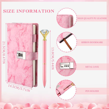 1 Pcs Diary with Lock and Diamond Pen, A5 Marble PU Leather, Pink