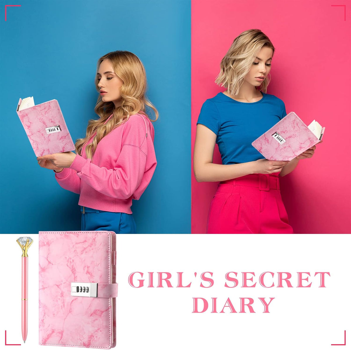 1 Pcs Diary with Lock and Diamond Pen, A5 Marble PU Leather, Pink