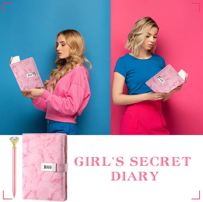 1 Pcs Diary with Lock and Diamond Pen, A5 Marble PU Leather, Pink