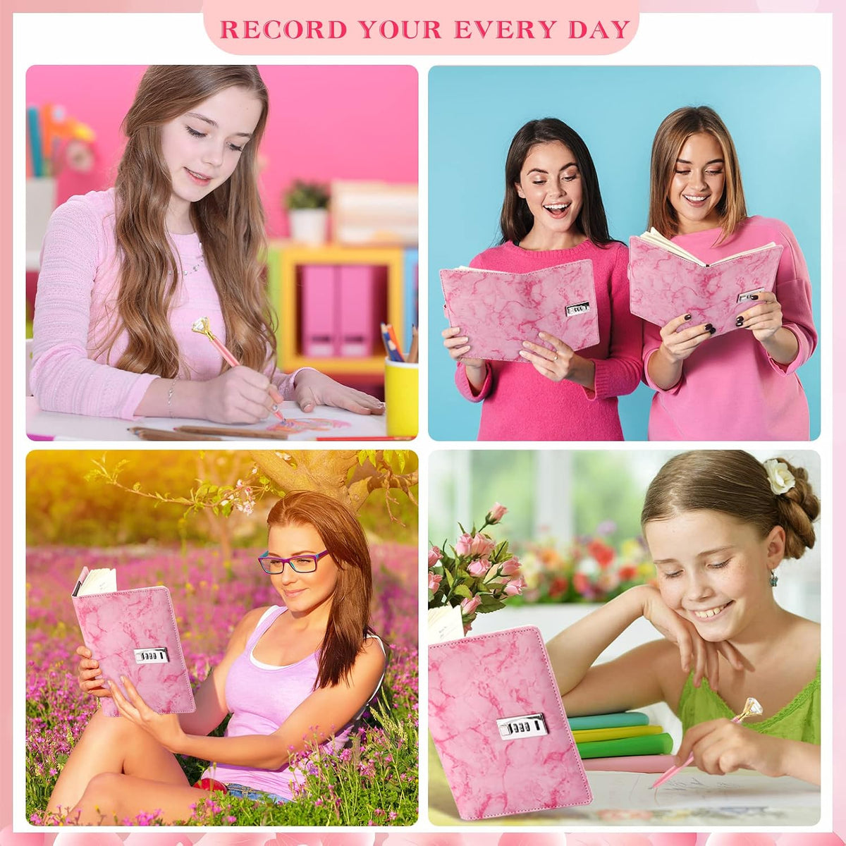 1 Pcs Diary with Lock and Diamond Pen, A5 Marble PU Leather, Pink