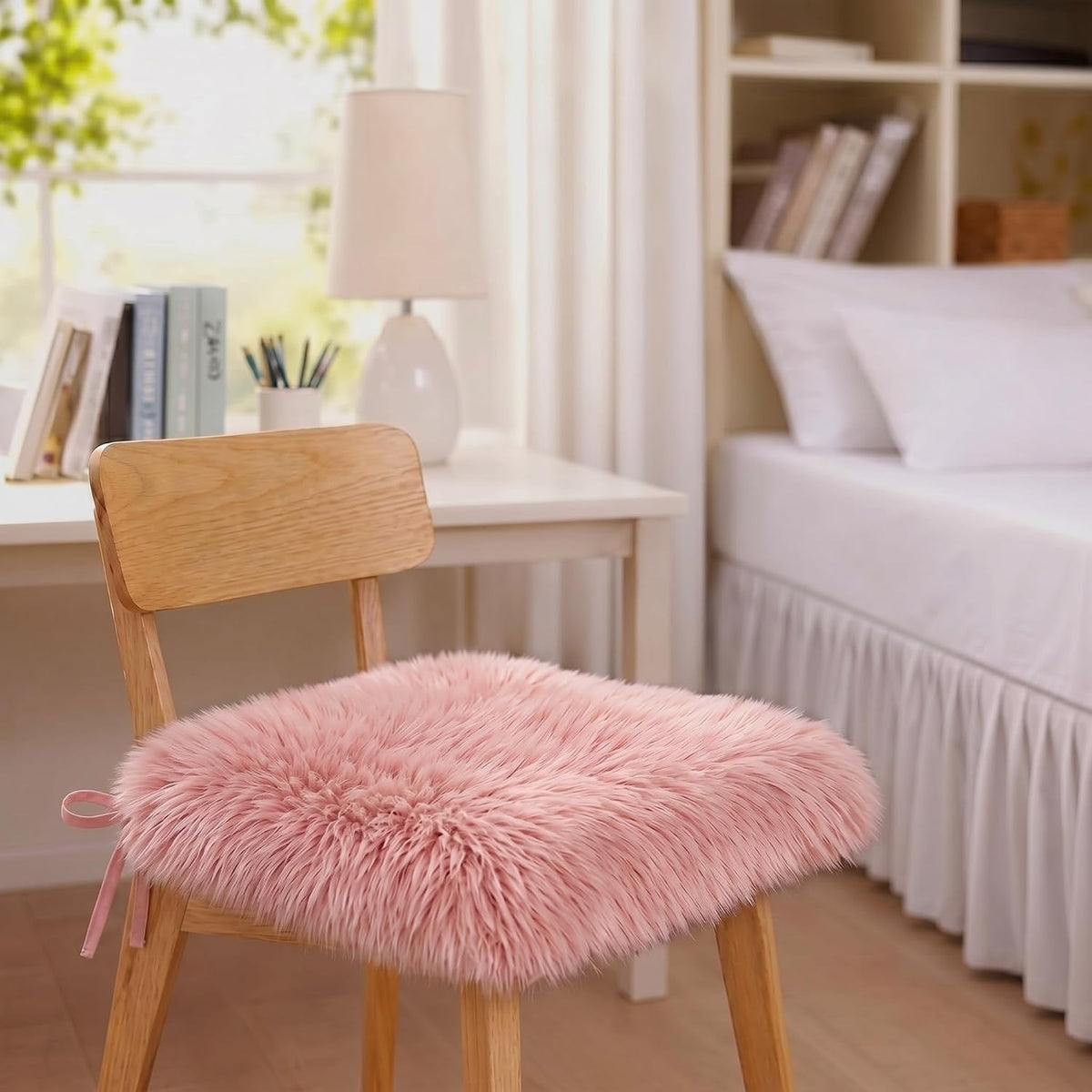 Faux Sheepskin Seat Cushion, Dorm Desk Chair Pad, Light Pink