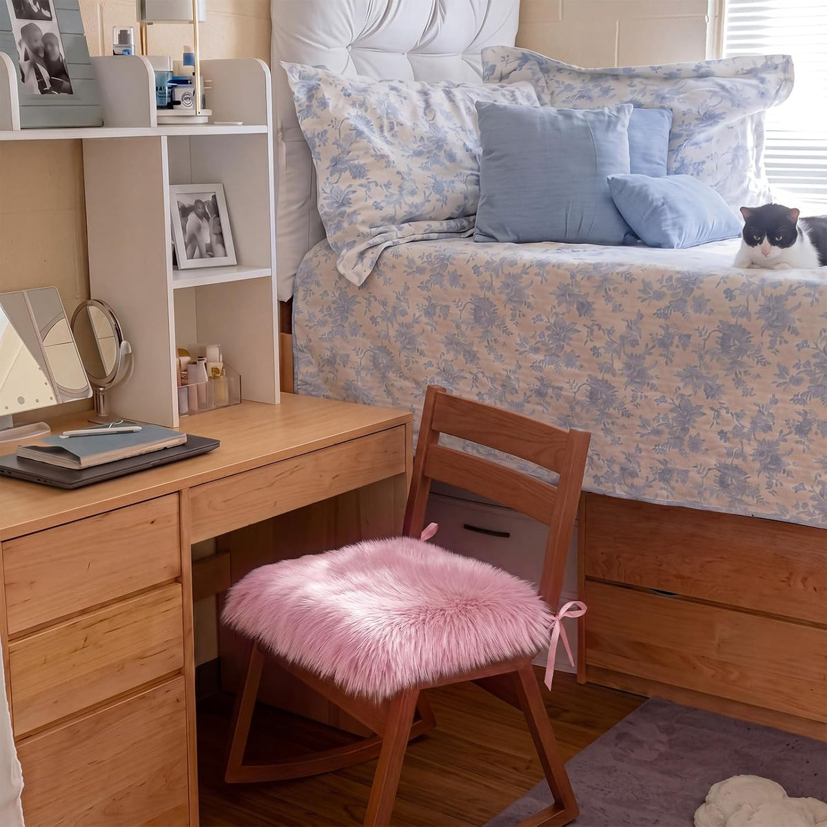 Faux Sheepskin Seat Cushion, Dorm Desk Chair Pad, Light Pink