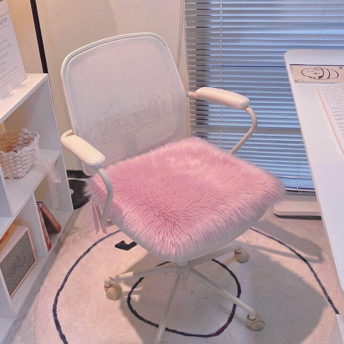 Faux Sheepskin Seat Cushion, Dorm Desk Chair Pad, Light Pink