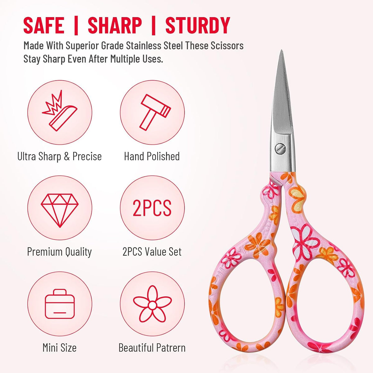 Sharp Embroidery Scissors, 2PCS Sewing Craft Scissors, Red+Pink