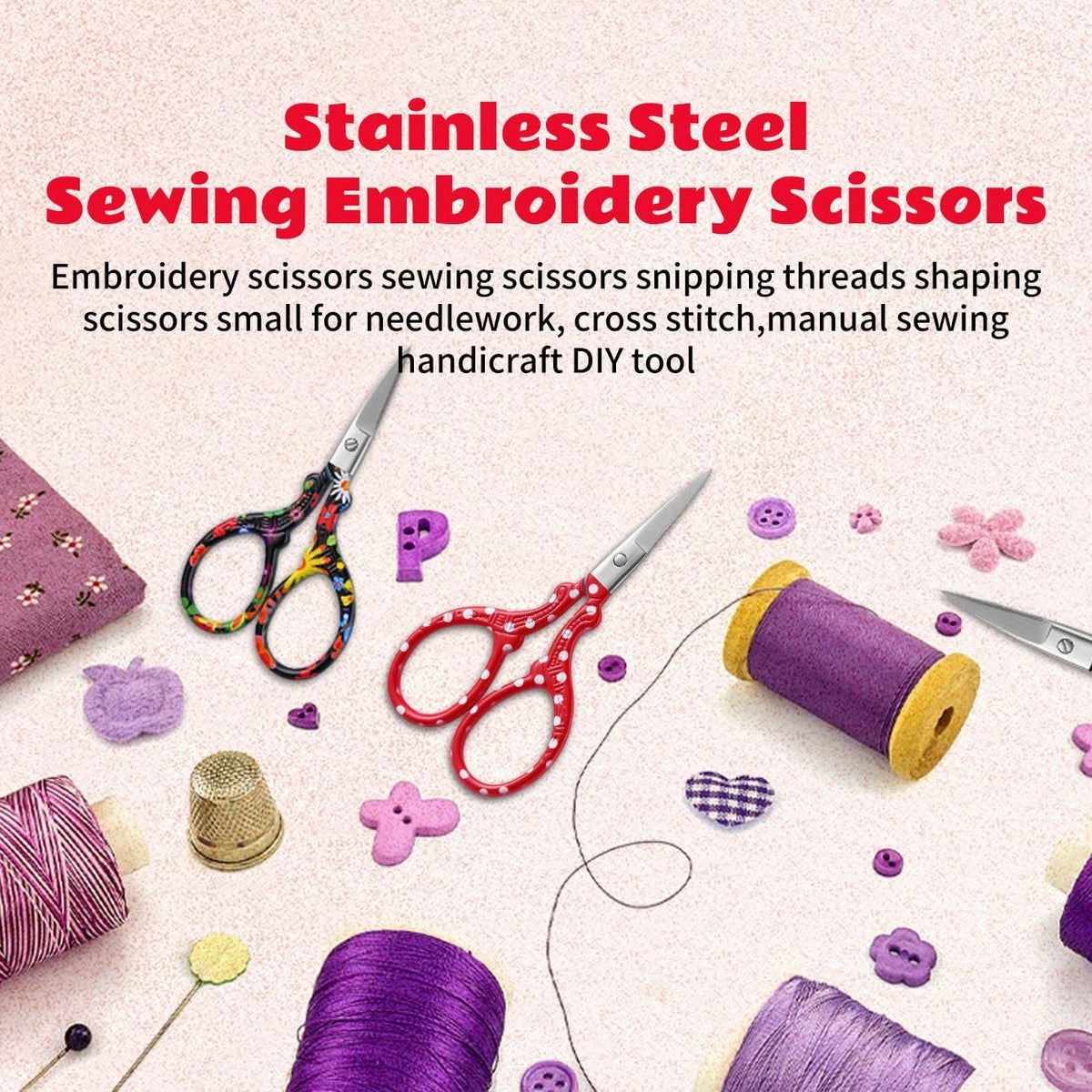 Sharp Embroidery Scissors, 2PCS Sewing Craft Scissors, Red+Pink