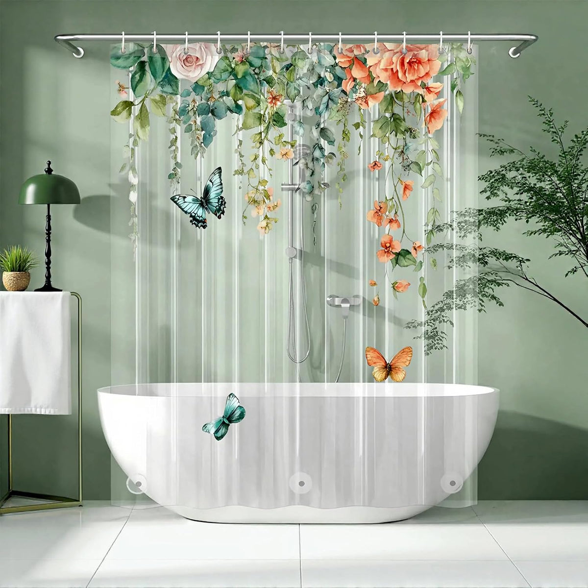 Clear Colorful Floral Butterfly Shower Curtain Liner, Plastic Pretty Pink and Orange Flower Green Eucalyptus Leaf Shower Curtains for Bathroom, 72x72 Weighted Magnetic Shower Curtain Set with 12 hooks