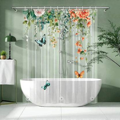 Clear Colorful Floral Butterfly Shower Curtain Liner, Plastic Pretty Pink and Orange Flower Green Eucalyptus Leaf Shower Curtains for Bathroom, 72x72 Weighted Magnetic Shower Curtain Set with 12 hooks
