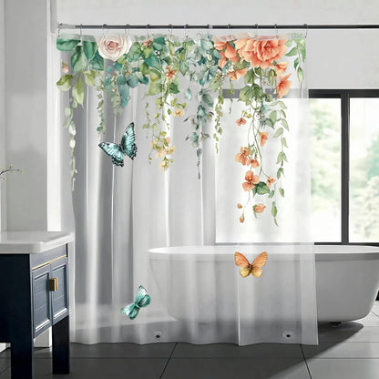Clear Colorful Floral Butterfly Shower Curtain Liner, Plastic Pretty Pink and Orange Flower Green Eucalyptus Leaf Shower Curtains for Bathroom, 72x72 Weighted Magnetic Shower Curtain Set with 12 hooks