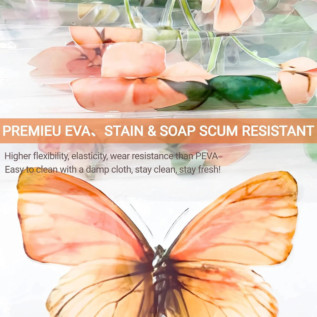 Clear Colorful Floral Butterfly Shower Curtain Liner, Plastic Pretty Pink and Orange Flower Green Eucalyptus Leaf Shower Curtains for Bathroom, 72x72 Weighted Magnetic Shower Curtain Set with 12 hooks