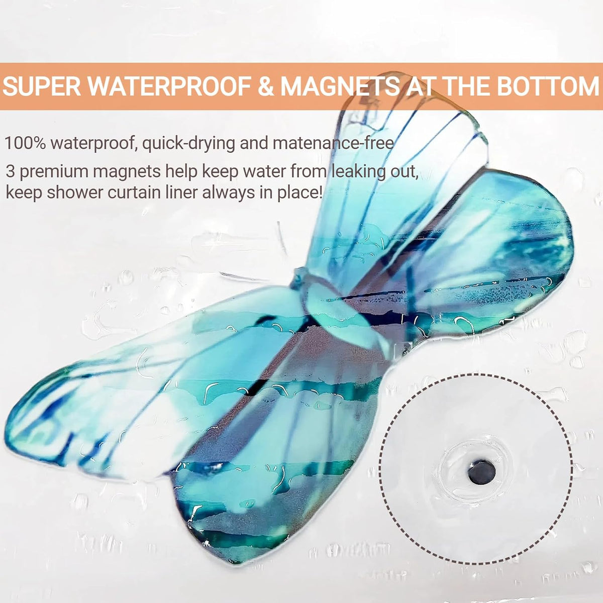 Clear Colorful Floral Butterfly Shower Curtain Liner, Plastic Pretty Pink and Orange Flower Green Eucalyptus Leaf Shower Curtains for Bathroom, 72x72 Weighted Magnetic Shower Curtain Set with 12 hooks