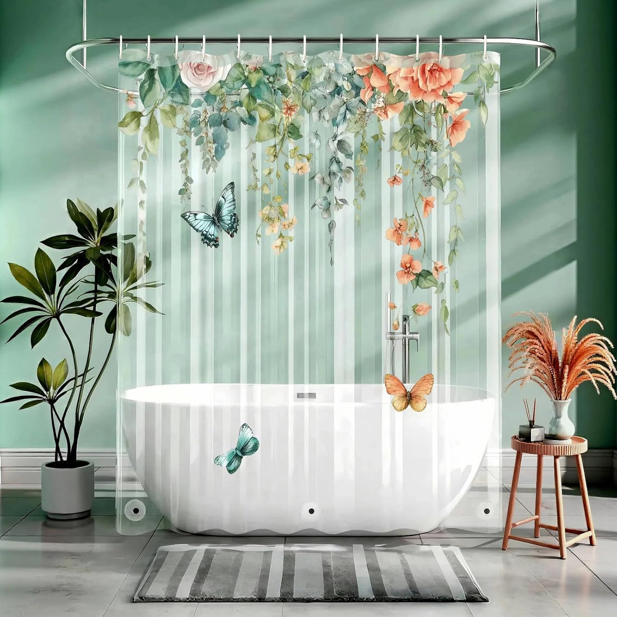 Clear Colorful Floral Butterfly Shower Curtain Liner, Plastic Pretty Pink and Orange Flower Green Eucalyptus Leaf Shower Curtains for Bathroom, 72x72 Weighted Magnetic Shower Curtain Set with 12 hooks
