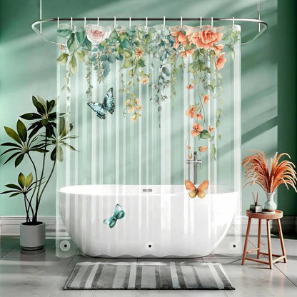 Clear Colorful Floral Butterfly Shower Curtain Liner, Plastic Pretty Pink and Orange Flower Green Eucalyptus Leaf Shower Curtains for Bathroom, 72x72 Weighted Magnetic Shower Curtain Set with 12 hooks