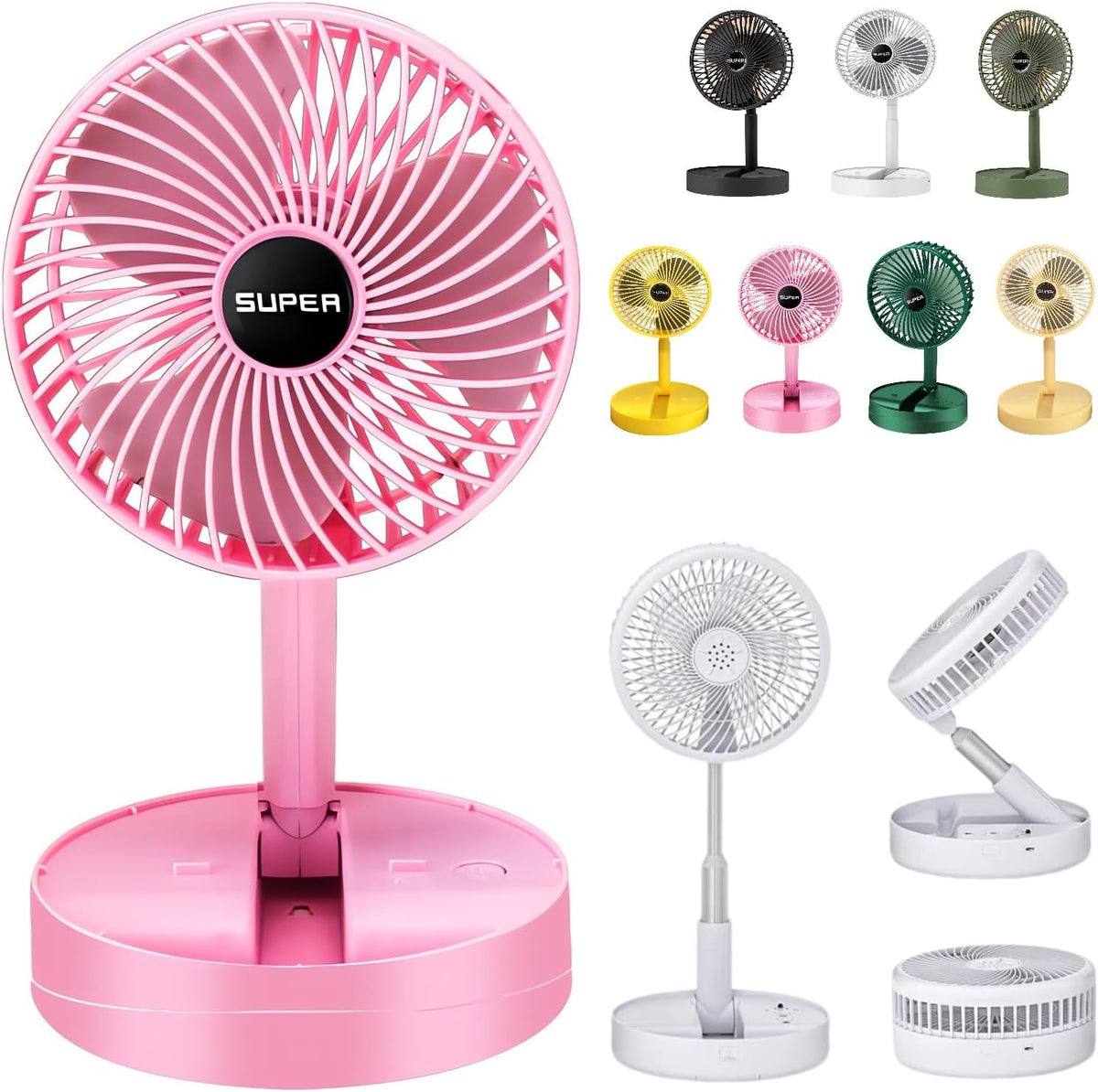 Telescopic Folding Fan - 2024 New Portable USB Rechargeable Collapsible Desk Fan for Travel, Silent Stand up Fan Wireless Folding Oscillating Compact Floor Standing Fans for Dorm ＆ Bedroom (PINK)