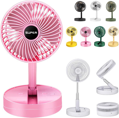 Telescopic Folding Fan - 2024 New Portable USB Rechargeable Collapsible Desk Fan for Travel, Silent Stand up Fan Wireless Folding Oscillating Compact Floor Standing Fans for Dorm ＆ Bedroom (PINK)