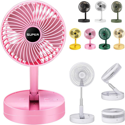 Telescopic Folding Fan - 2024 New Portable USB Rechargeable Collapsible Desk Fan for Travel, Silent Stand up Fan Wireless Folding Oscillating Compact Floor Standing Fans for Dorm ＆ Bedroom (PINK)