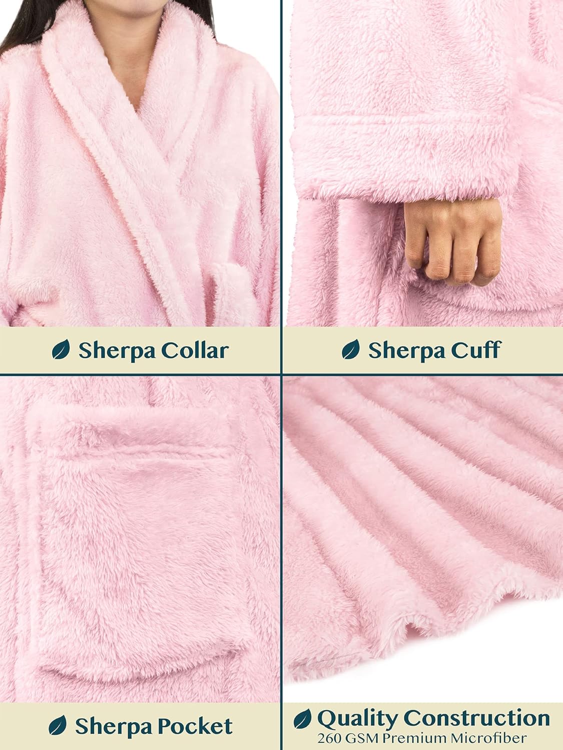 Premium Womens Plush Soft Robe, Fluffy Warm Fleece Sherpa Bathrobe