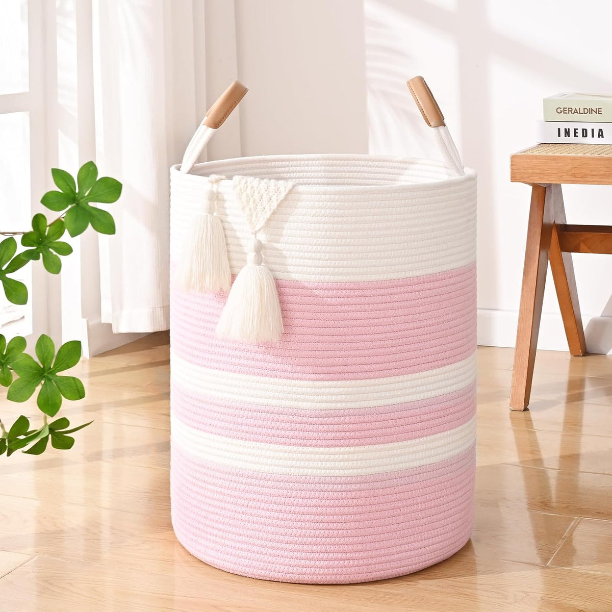 Large Laundry Basket, Laundry Hamper with Leather Handles, 60L Woven Dirty Clothes Hamper, Rope Hampers for Bedroom, Barthroom, Pink