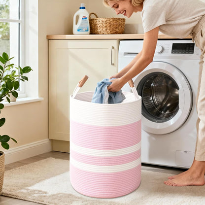 Large Laundry Basket, Laundry Hamper with Leather Handles, 60L Woven Dirty Clothes Hamper, Rope Hampers for Bedroom, Barthroom, Pink