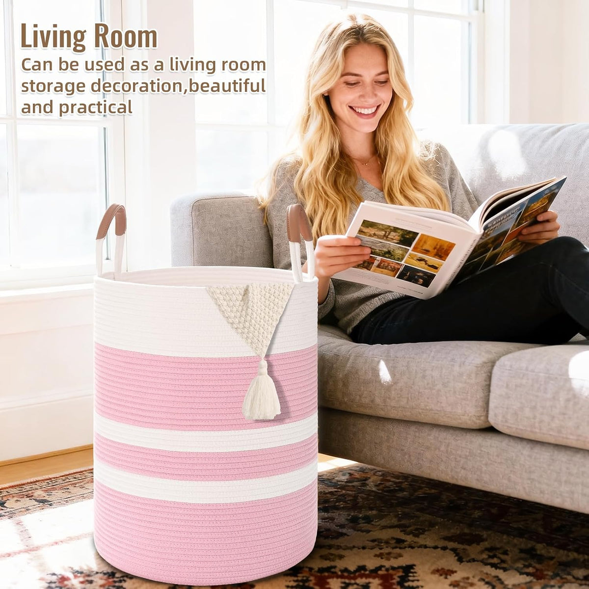 Large Laundry Basket, Laundry Hamper with Leather Handles, 60L Woven Dirty Clothes Hamper, Rope Hampers for Bedroom, Barthroom, Pink