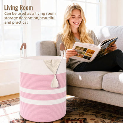 Large Laundry Basket, Laundry Hamper with Leather Handles, 60L Woven Dirty Clothes Hamper, Rope Hampers for Bedroom, Barthroom, Pink