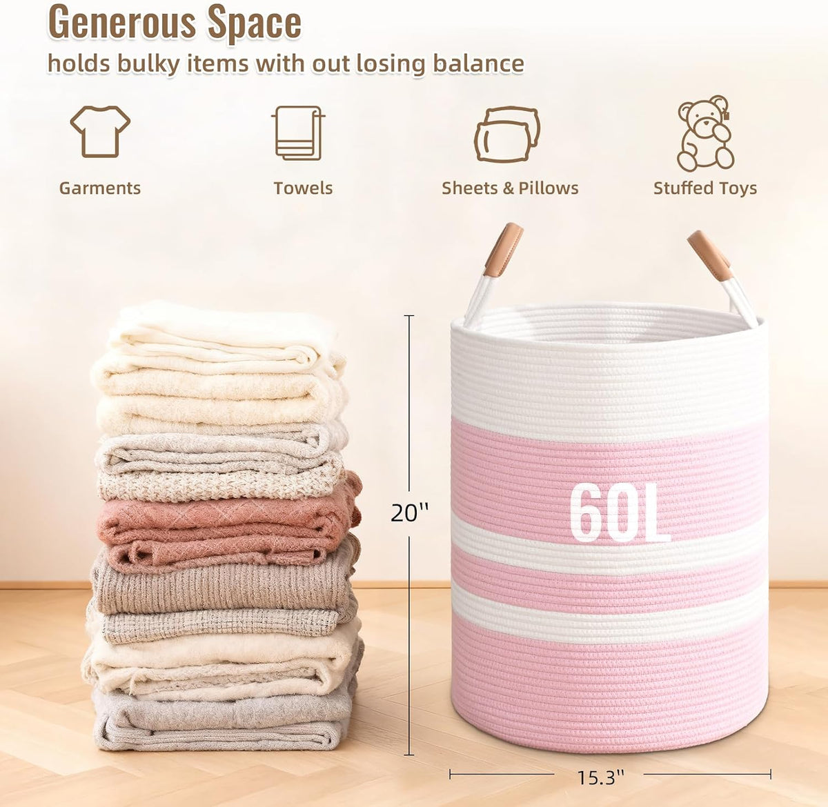 Large Laundry Basket, Laundry Hamper with Leather Handles, 60L Woven Dirty Clothes Hamper, Rope Hampers for Bedroom, Barthroom, Pink