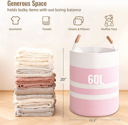 Large Laundry Basket, Laundry Hamper with Leather Handles, 60L Woven Dirty Clothes Hamper, Rope Hampers for Bedroom, Barthroom, Pink