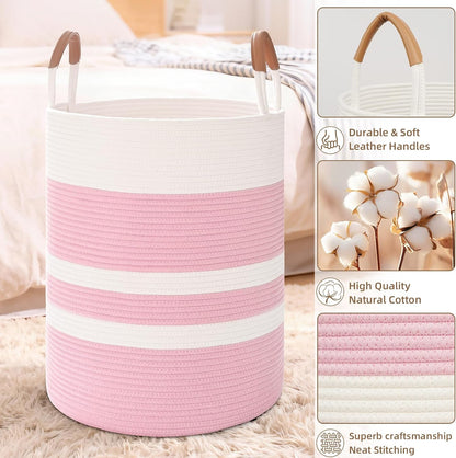 Large Laundry Basket, Laundry Hamper with Leather Handles, 60L Woven Dirty Clothes Hamper, Rope Hampers for Bedroom, Barthroom, Pink