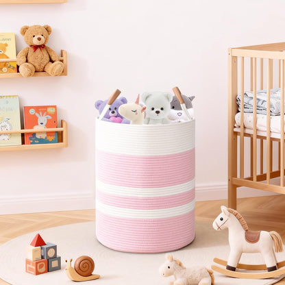 Large Laundry Basket, Laundry Hamper with Leather Handles, 60L Woven Dirty Clothes Hamper, Rope Hampers for Bedroom, Barthroom, Pink