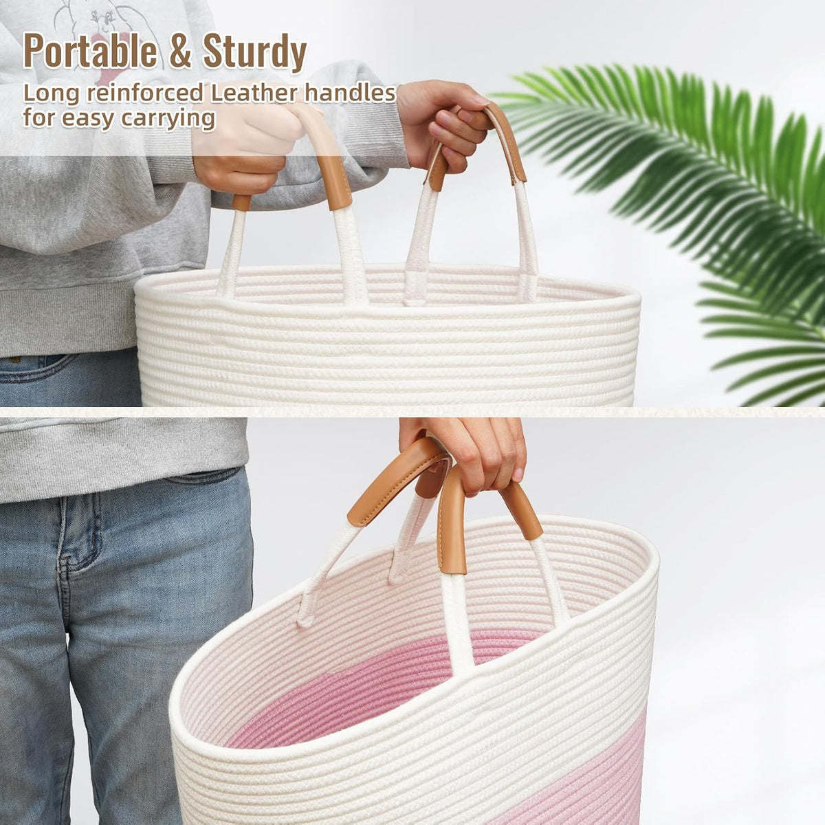 Large Laundry Basket, Laundry Hamper with Leather Handles, 60L Woven Dirty Clothes Hamper, Rope Hampers for Bedroom, Barthroom, Pink