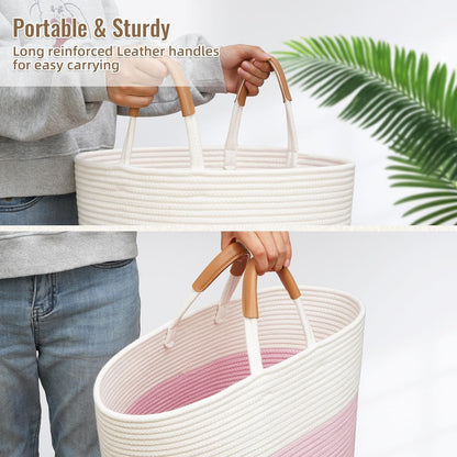 Large Laundry Basket, Laundry Hamper with Leather Handles, 60L Woven Dirty Clothes Hamper, Rope Hampers for Bedroom, Barthroom, Pink
