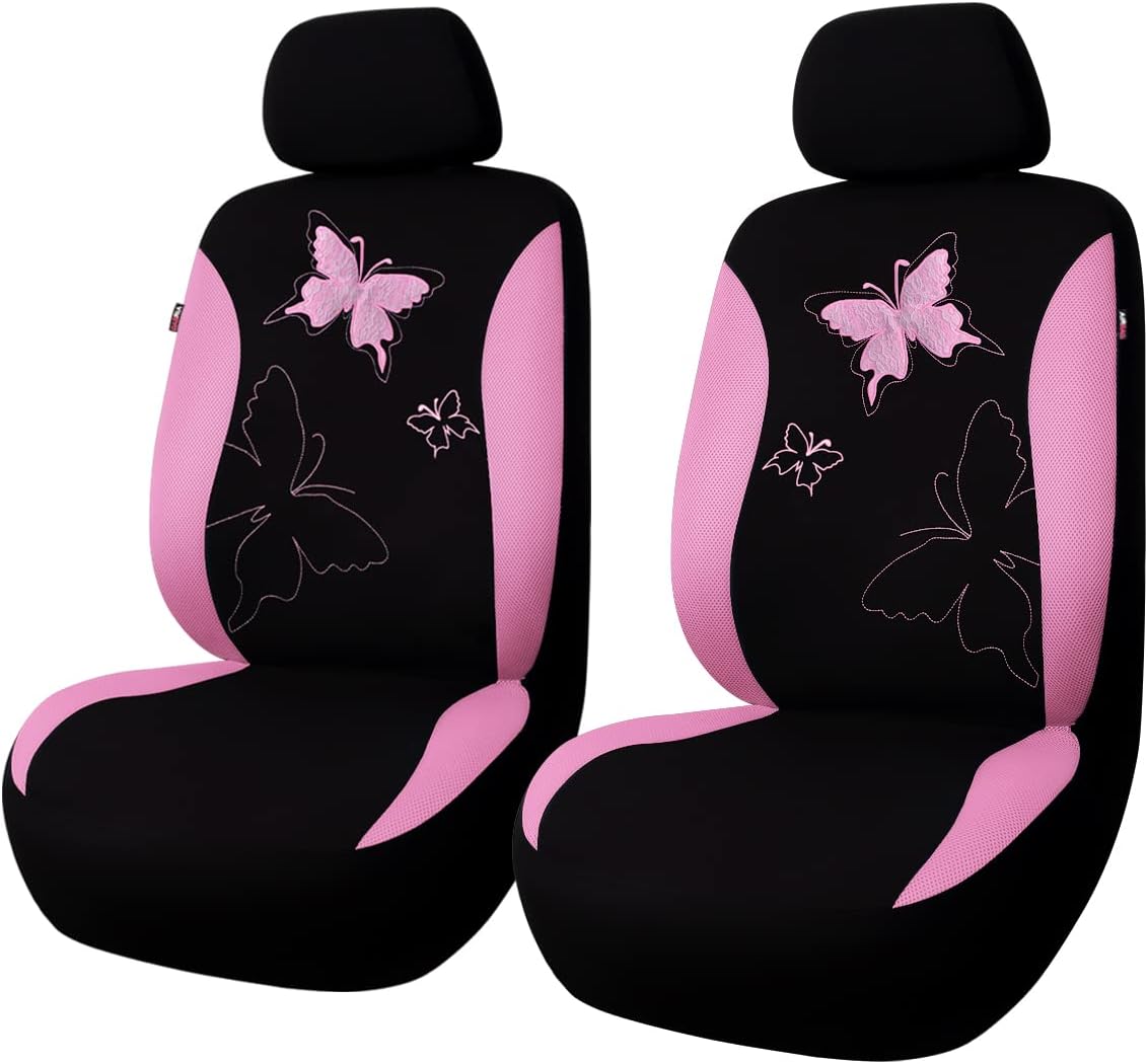 Butterfly car seat Covers ful Set Fashion Universal Lady Woman Female Rear Bench Split Colorized (Pink, 2 Fronts - Lace)