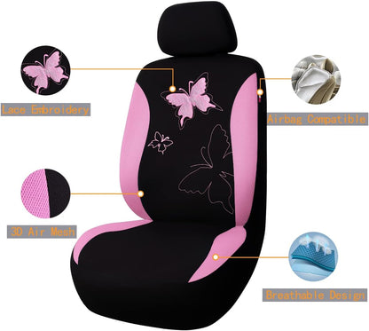 Butterfly car seat Covers ful Set Fashion Universal Lady Woman Female Rear Bench Split Colorized (Pink, 2 Fronts - Lace)