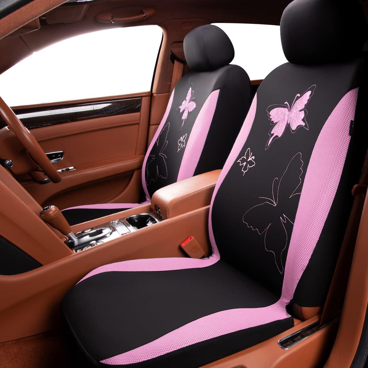 Butterfly car seat Covers ful Set Fashion Universal Lady Woman Female Rear Bench Split Colorized (Pink, 2 Fronts - Lace)